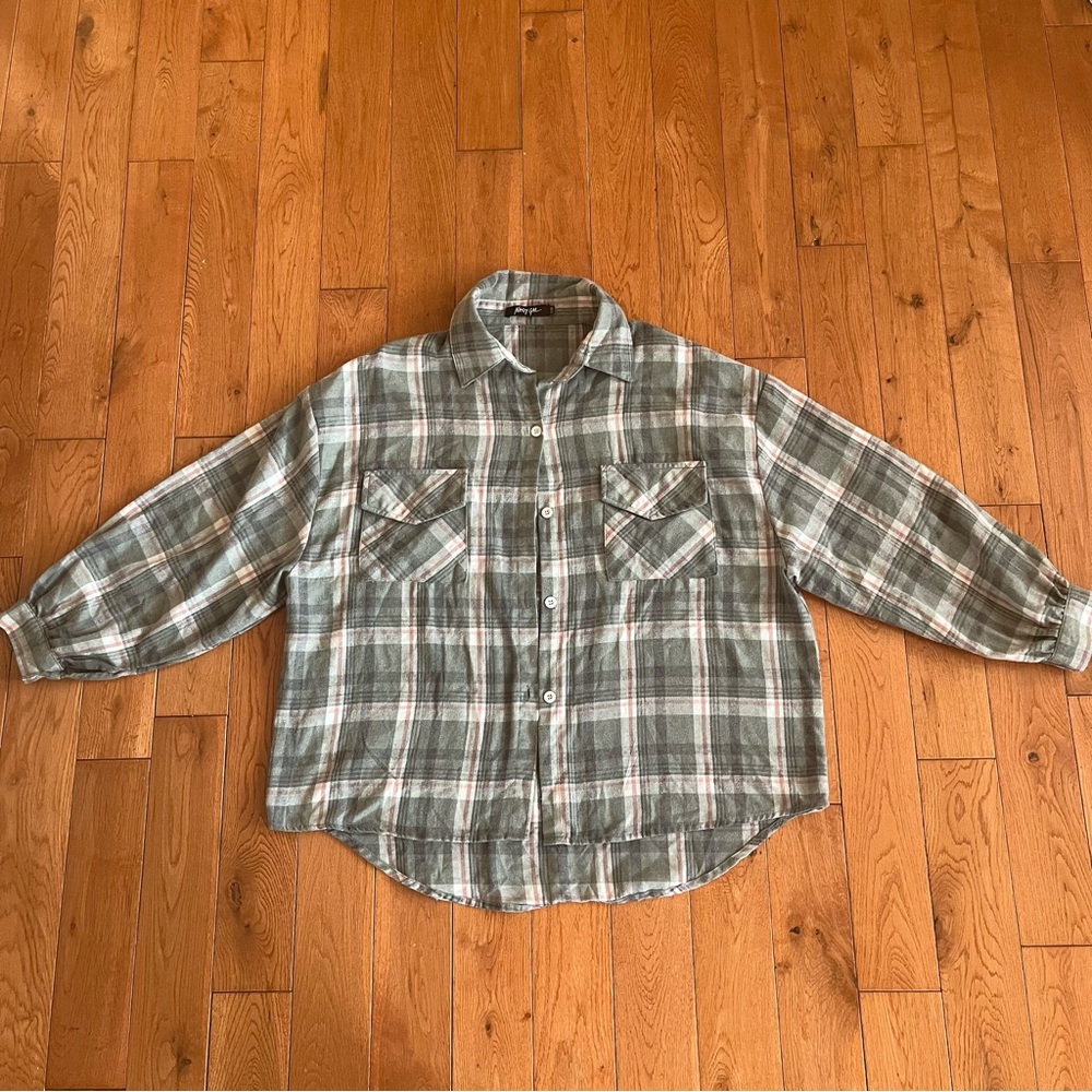 Nasty Gal Green and Pink Plaid Long Sleeve Button Up - Size Small/Medium